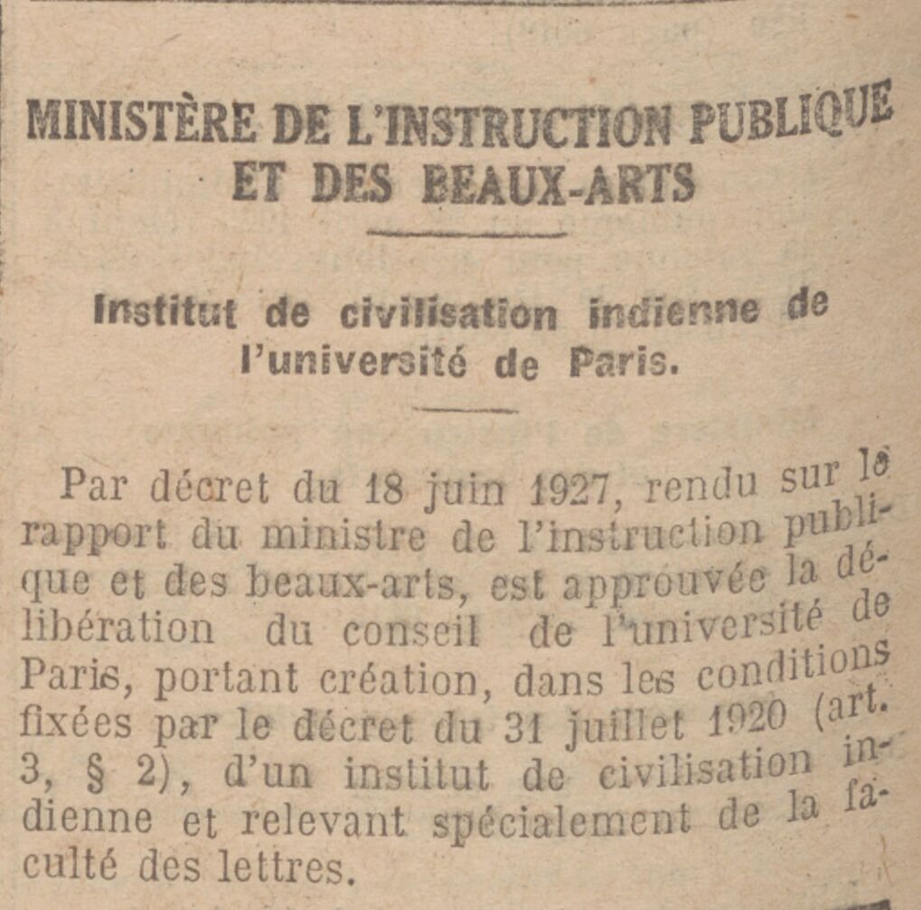 Décret officialisant la création de l'Institut de civilisation indienne 